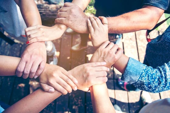 Photo of hands holding each other's wrists in a circl, outside in the sun.