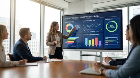 Un director de marketing digital en una luminosa sala de juntas de una agencia, de pie junto a una gran pantalla interactiva.