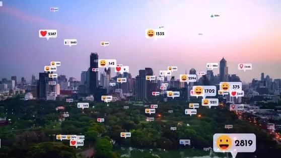 Social media icons fly over city downtown showing people reciprocity connection through social network application platform.