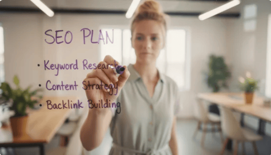 Mujer escribiendo un plan SEO en una pizarra de vidrio, enumerando investigación de palabras clave, estrategia de contenido y creación de backlinks.