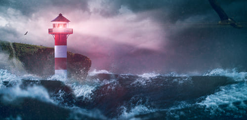 Lighthouse sea waves rain storm