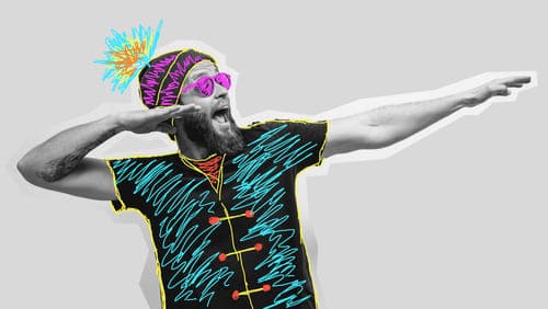 Man with short sleeves colored over with colorful ink.