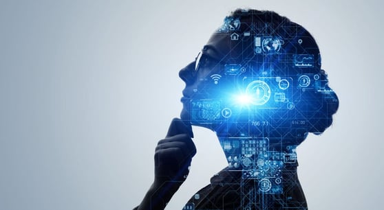 Side profile of a woman with blue icons hovering over her face.