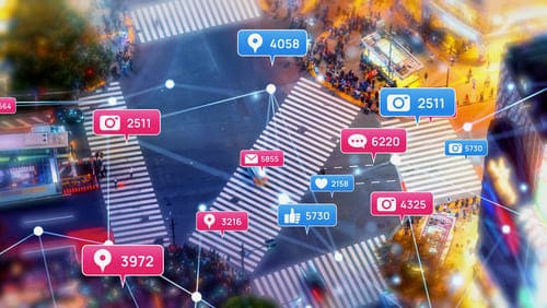 Colorful crosswalk with various social icons