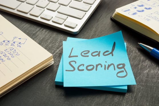 Sticky note on a desk that says "lead scoring".