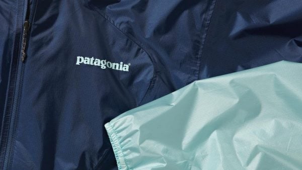 Photo of the Patagonia logo on a windbreaker.