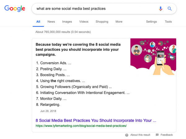 Screenshot of SERP "what are some social media best practices"